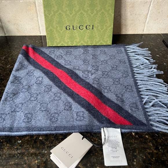 New With Tags Gucci Nikky Wool Alpaca Monogram Web Blue Scarf With Red Stripe - Picture 1 of 7